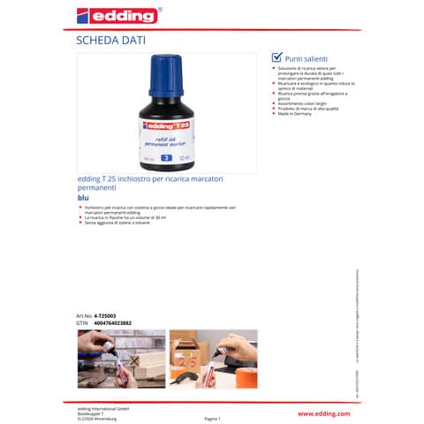 Inchiostro permanente per ricarica edding T 25 blu - 30 ml E-T25 003